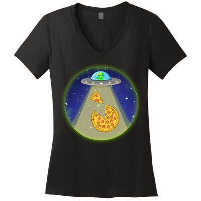 Cool Pizza Loving UFO Alien Women's V-Neck T-Shirt