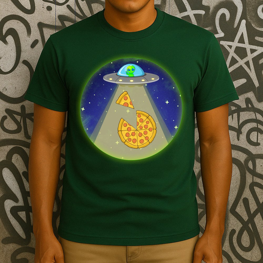 Cool Pizza Loving UFO Alien T-Shirt