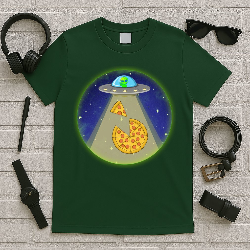 Cool Pizza Loving UFO Alien T-Shirt