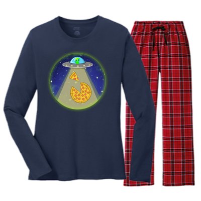 Cool Pizza Loving UFO Alien Women's Long Sleeve Flannel Pajama Set 