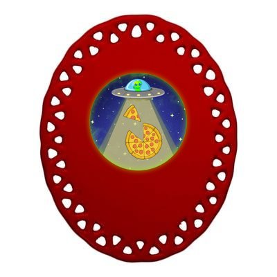 Cool Pizza Loving UFO Alien Ceramic Oval Ornament