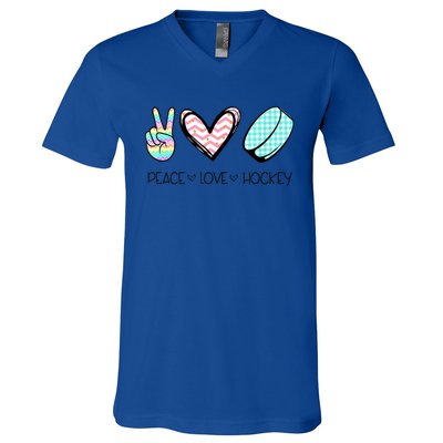 Cute Peace Love Hockey For Women Teen Girl Hockey Team Gift V-Neck T-Shirt