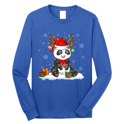 Cute Panda Lover Xmas Lights Reindeer Santa Panda Christmas Gift Long Sleeve Shirt