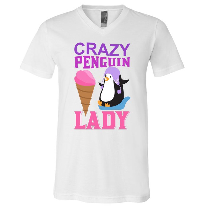 Crazy Penguin Lady V-Neck T-Shirt