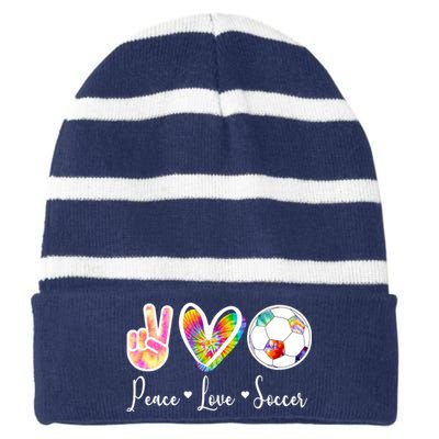 Cute Peace Love Soccer Striped Beanie with Solid Band