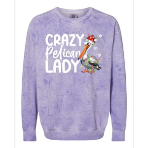 Crazy Pelican Lady Funny Christmas Lights Santa Hat Xmas Cute Gift Colorblast Crewneck Sweatshirt