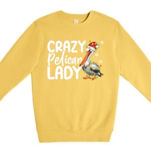 Crazy Pelican Lady Funny Christmas Lights Santa Hat Xmas Cute Gift Premium Crewneck Sweatshirt