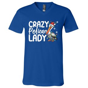 Crazy Pelican Lady Funny Christmas Lights Santa Hat Xmas Cute Gift V-Neck T-Shirt