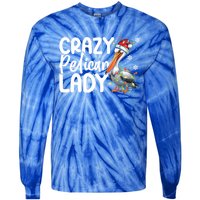 Crazy Pelican Lady Funny Christmas Lights Santa Hat Xmas Cute Gift Tie-Dye Long Sleeve Shirt