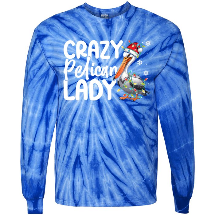 Crazy Pelican Lady Funny Christmas Lights Santa Hat Xmas Cute Gift Tie-Dye Long Sleeve Shirt