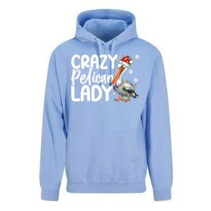 Crazy Pelican Lady Funny Christmas Lights Santa Hat Xmas Cute Gift Unisex Surf Hoodie