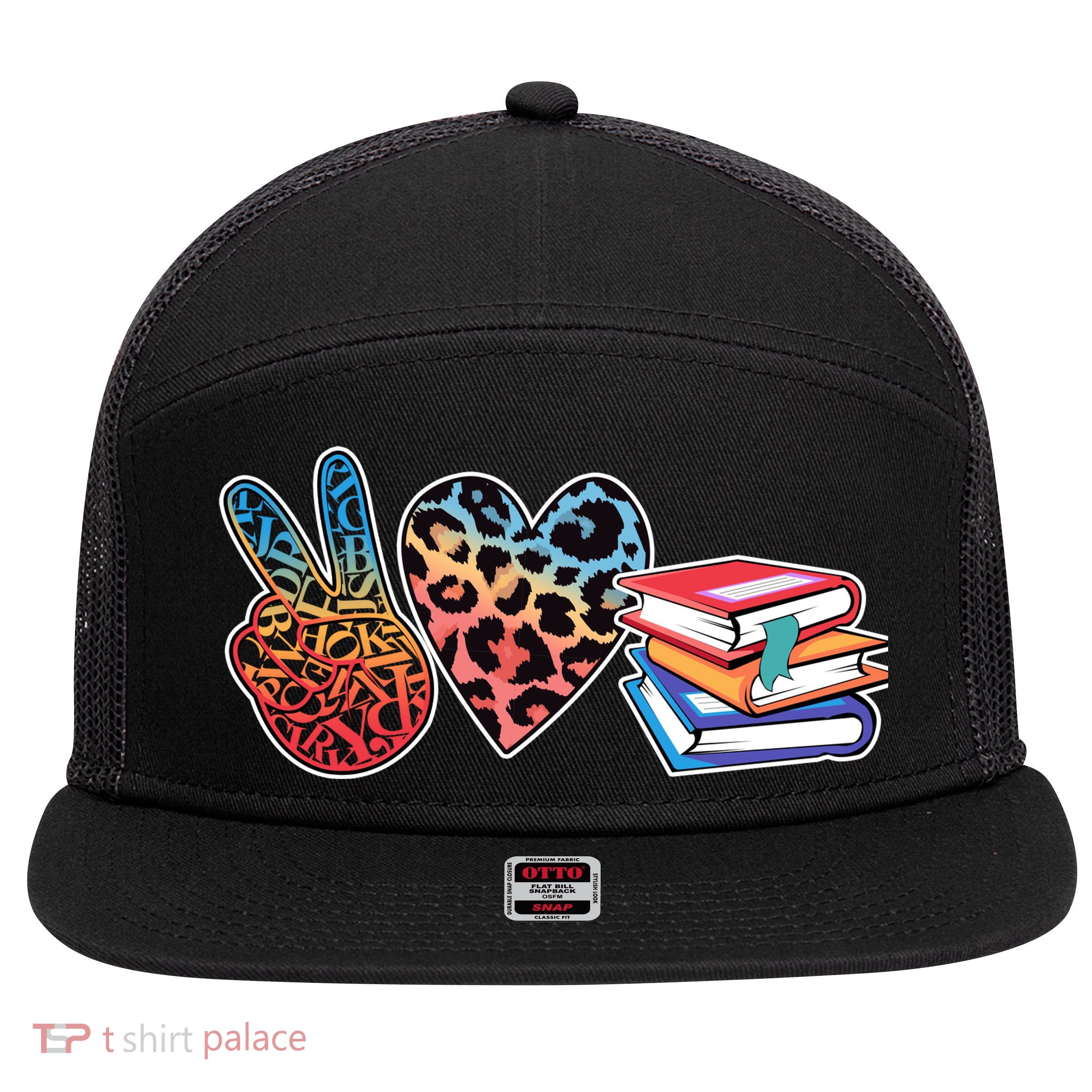 Cute Peace Love Books Reading Fan Book Lover 7 Panel Mesh Trucker Snapback Hat