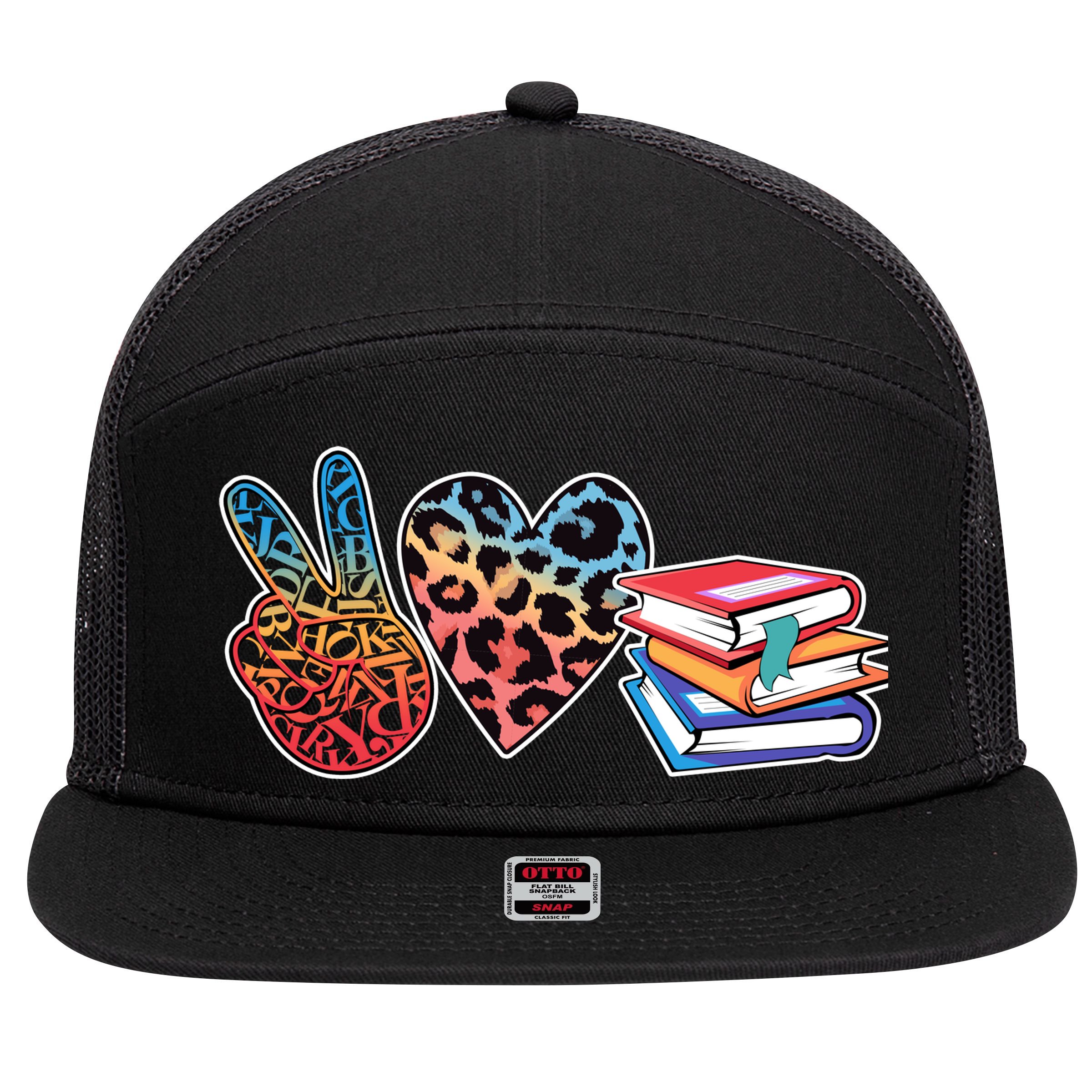 Cute Peace Love Books Reading Fan Book Lover 7 Panel Mesh Trucker Snapback Hat