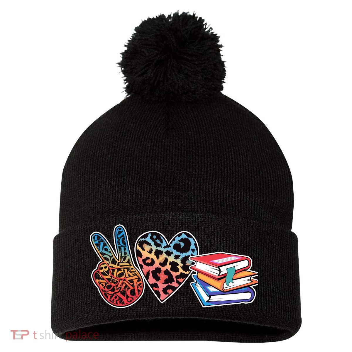 Cute Peace Love Books Reading Fan Book Lover Pom Pom 12in Knit Beanie