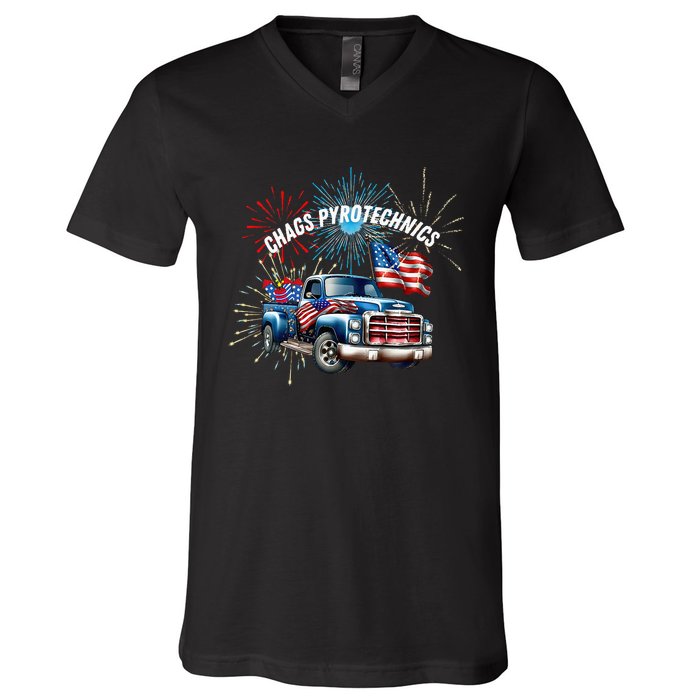 Chag's Pyrotechnics Lighting up the 4th of July in Style! V-Neck T-Shirt