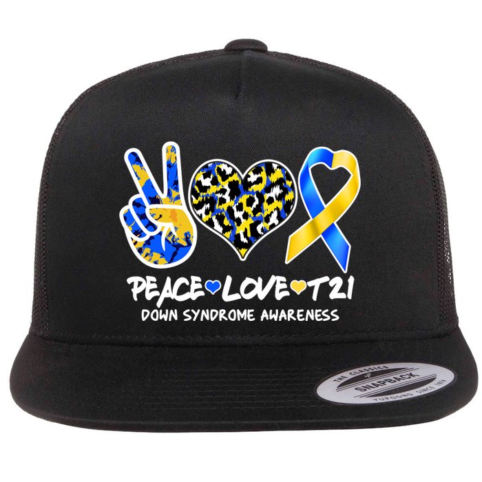 Cool Peace Love T21 Down Syndrome Awareness Support Flat Bill Trucker Hat