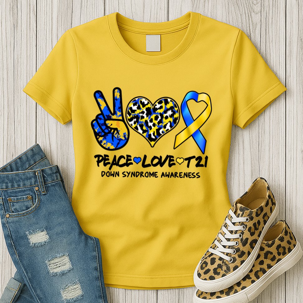 Cool Peace Love T21 Down Syndrome Awareness Support Womens T-Shirt