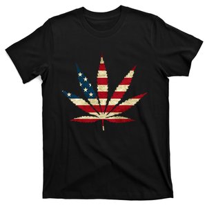 Cannabis Pot Leaf Marijuana Stoner Smoking Us American Flag T-Shirt