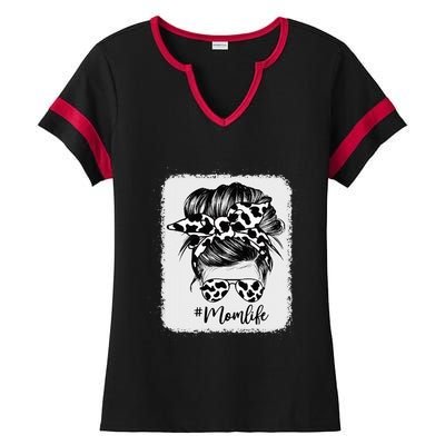 Cow Print Mom Life Messy Bun Hair Ladies Halftime Notch Neck Tee