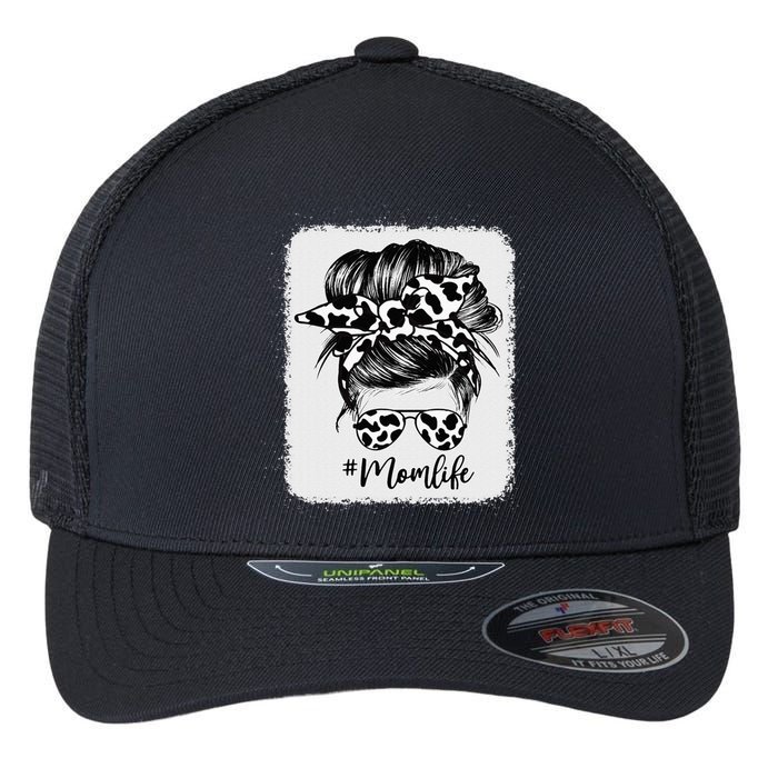 Cow Print Mom Life Messy Bun Hair Flexfit Unipanel Trucker Cap