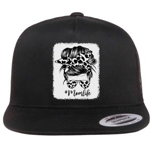 Cow Print Mom Life Messy Bun Hair Flat Bill Trucker Hat