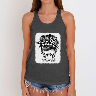 Cow Print Mom Life Messy Bun Hair Women's Knotted Racerback Tank