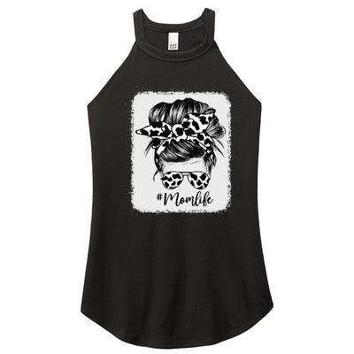 Cow Print Mom Life Messy Bun Hair Women’s Perfect Tri Rocker Tank