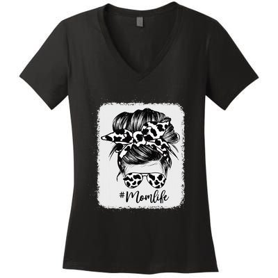 Cow Print Mom Life Messy Bun Hair Women's V-Neck T-Shirt