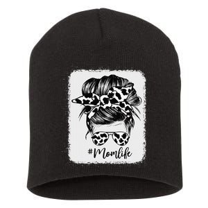 Cow Print Mom Life Messy Bun Hair Short Acrylic Beanie