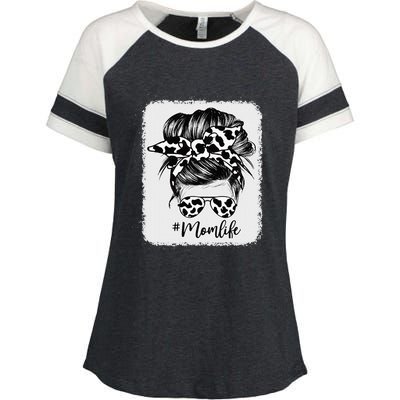 Cow Print Mom Life Messy Bun Hair Enza Ladies Jersey Colorblock Tee