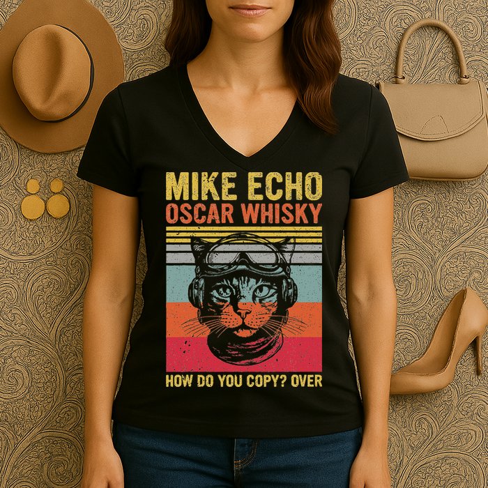 Cat Pilot Mike Echo Oscar Whisky How Do You Copy Women's V-Neck T-Shirt