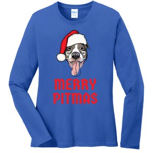 Christmas Pitbull Merry Pitmas Funny Pitbull Christmas Funny Gift Ladies Long Sleeve Shirt