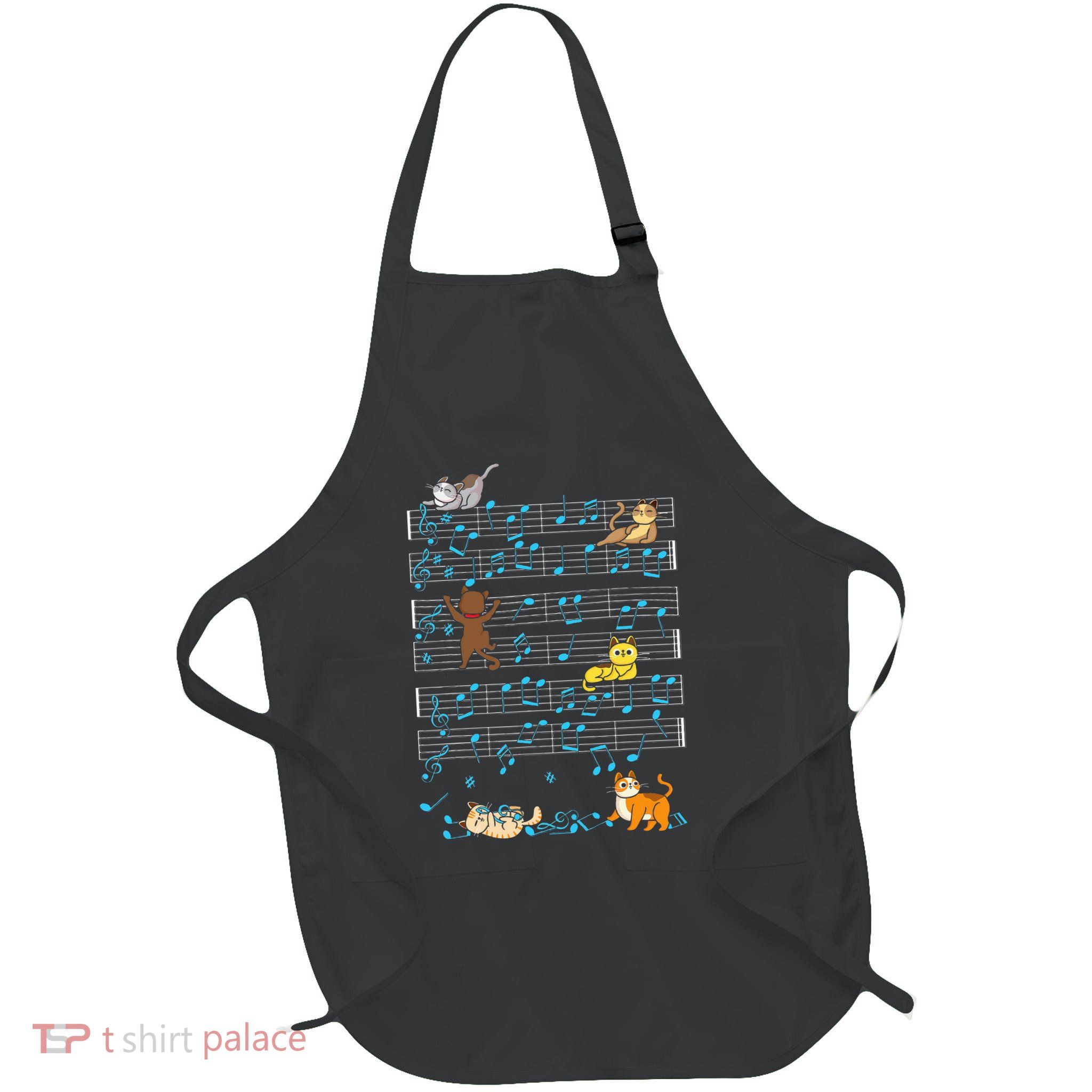 Cat Playing Music Note Kitty Cute Musician Kitten Pet Full-Length Apron With Pockets