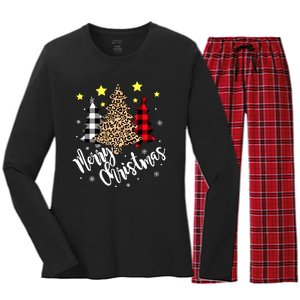 Christmas Pajamas Matching Xmas Merry Christmas Tree Leopad Gift Women's Long Sleeve Flannel Pajama Set 