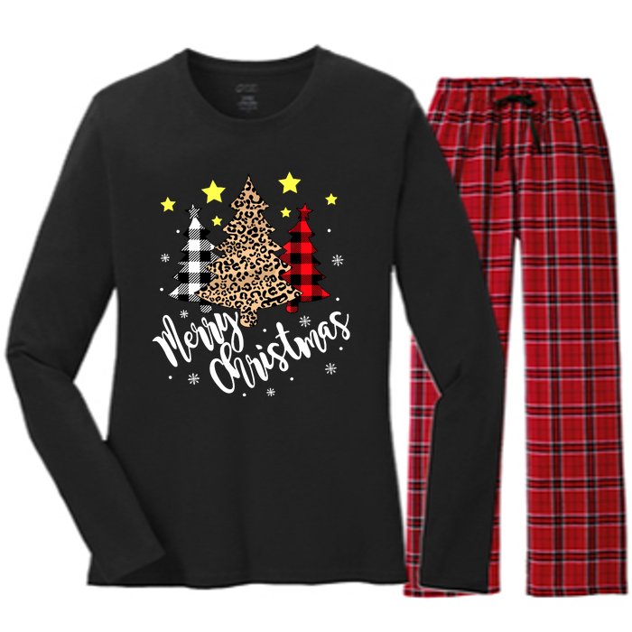 Christmas Pajamas Matching Xmas Merry Christmas Tree Leopad Gift Women's Long Sleeve Flannel Pajama Set 