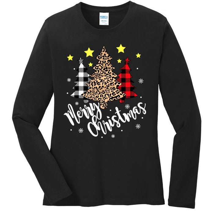 Christmas Pajamas Matching Xmas Merry Christmas Tree Leopad Gift Ladies Long Sleeve Shirt