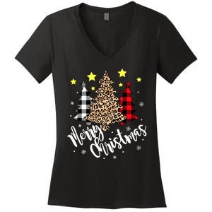 Christmas Pajamas Matching Xmas Merry Christmas Tree Leopad Gift Women's V-Neck T-Shirt