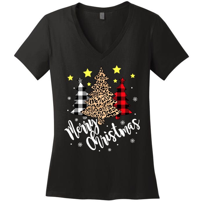 Christmas Pajamas Matching Xmas Merry Christmas Tree Leopad Gift Women's V-Neck T-Shirt