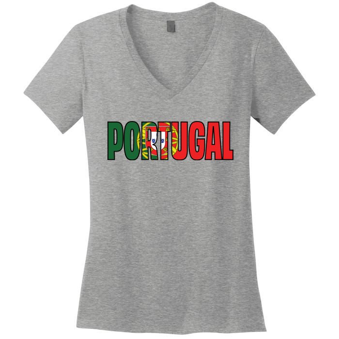 Cool Portugal Mashup Word Flag Women's V-Neck T-Shirt