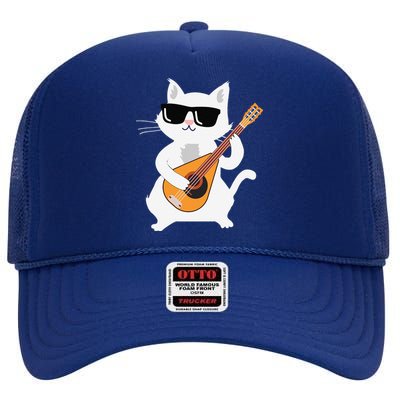 Cat Playing Mandolin High Crown Mesh Back Trucker Hat