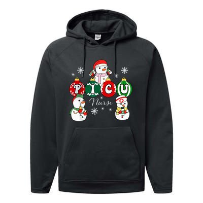 Christmas PICU Nurse Snowman Pediatric ICU Crew Xmas  Performance Fleece Hoodie