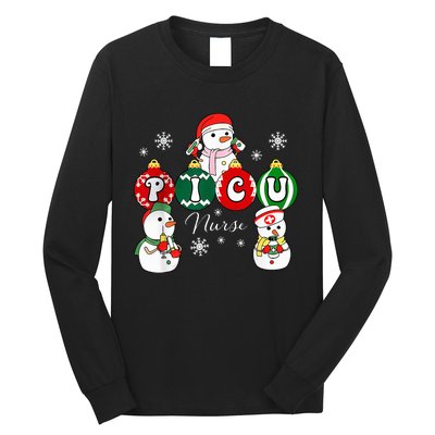 Christmas PICU Nurse Snowman Pediatric ICU Crew Xmas  Long Sleeve Shirt