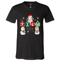 Christmas PICU Nurse Snowman Pediatric ICU Crew Xmas  V-Neck T-Shirt