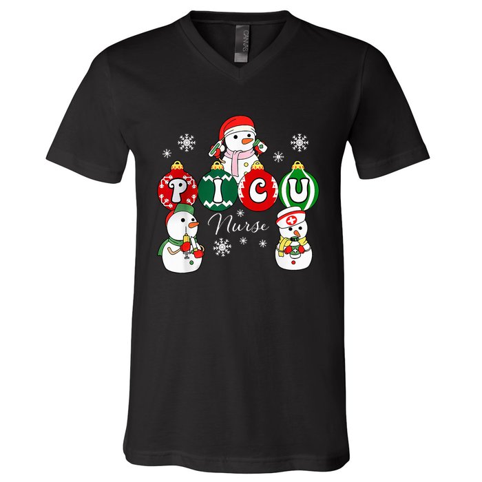 Christmas PICU Nurse Snowman Pediatric ICU Crew Xmas  V-Neck T-Shirt