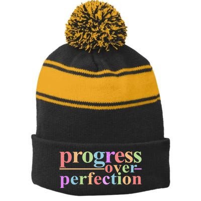 Colorful Progress Over Perfection Stripe Pom Pom Beanie