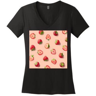 Colorful Pattern of Strawberries Women's V-Neck T-Shirt