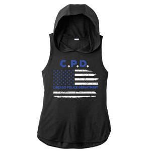 Chicago Police Officer American Flag Thin Blue Line Ladies PosiCharge Tri-Blend Wicking Draft Hoodie Tank