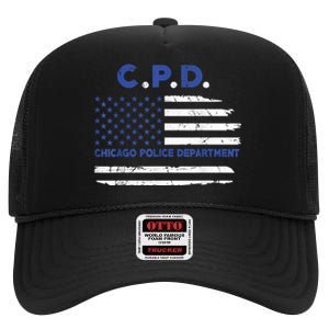 Chicago Police Officer American Flag Thin Blue Line High Crown Mesh Back Trucker Hat