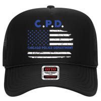 Chicago Police Officer American Flag Thin Blue Line High Crown Mesh Back Trucker Hat