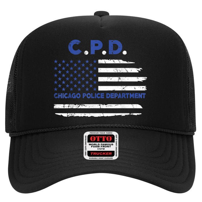 Chicago Police Officer American Flag Thin Blue Line High Crown Mesh Back Trucker Hat